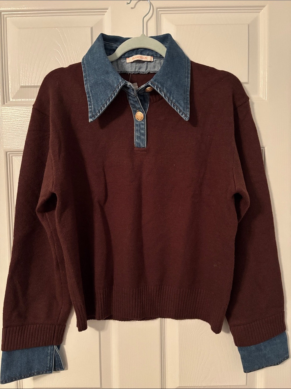 Olivaceous Brown  Sweater with Denim Collar and Cuffs